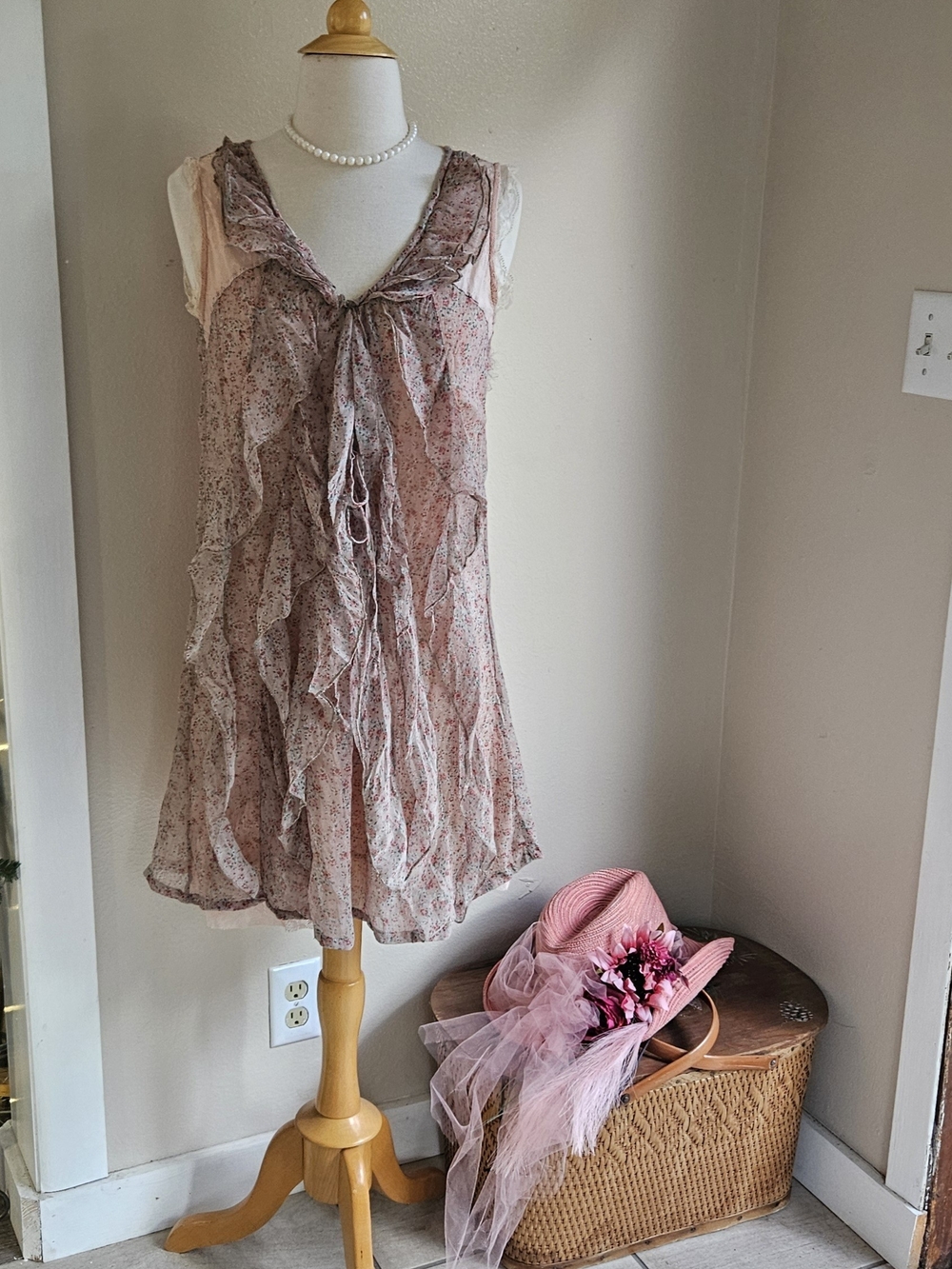Panhandle Slim Dusty Rose Floral Ruffle Chiffon Slip Dress